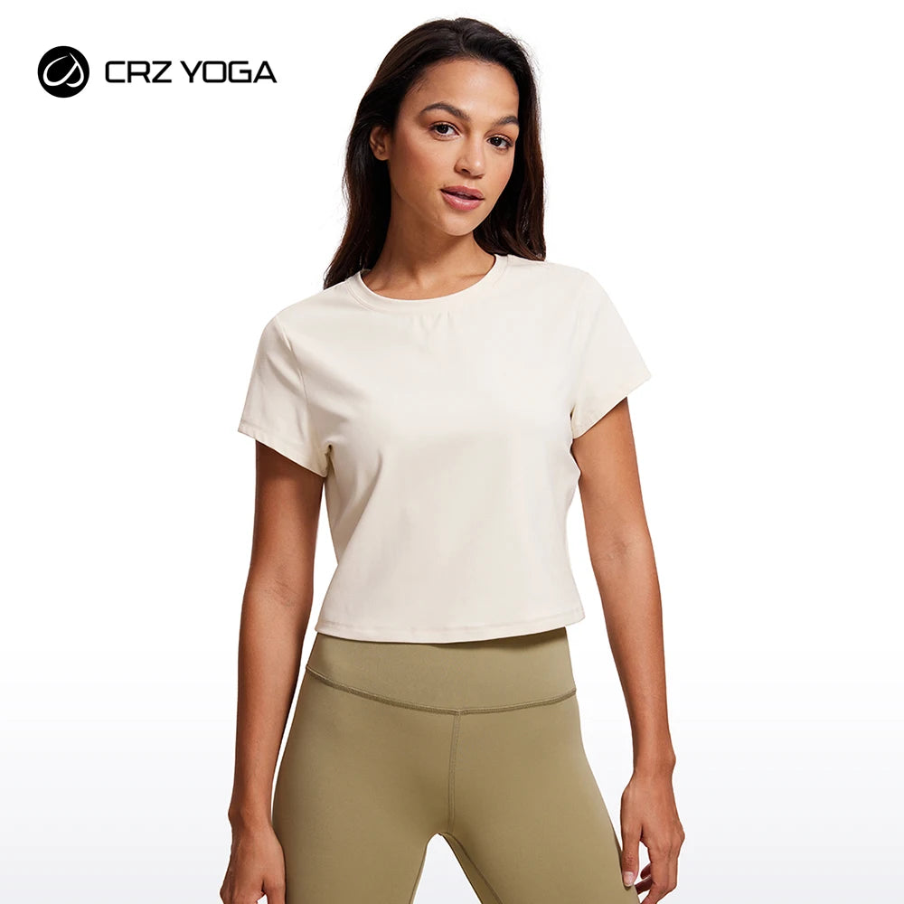 
                  
                    CRZ YOGA Butterluxe Short Sleeve Shirts for Women High Neck Crop Tops Basic Fitted T-Shirt Gym Workout Top
                  
                