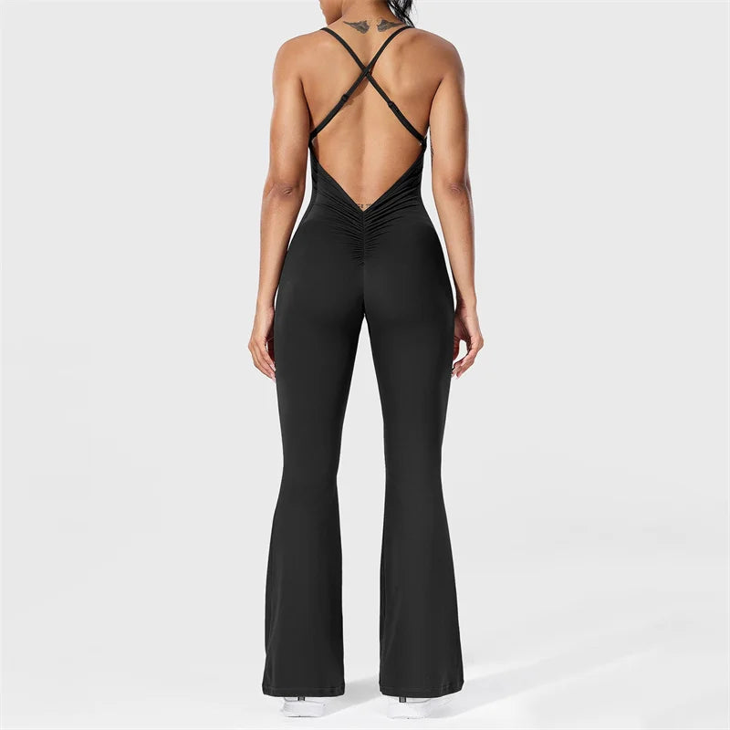 
                  
                    Xingqing Women Jumpsuit Sexy Solid Color Spaghetti Strap Sleeveless Bodycon Romper Flare Pants Cross Backless Unitard Playsuits
                  
                
