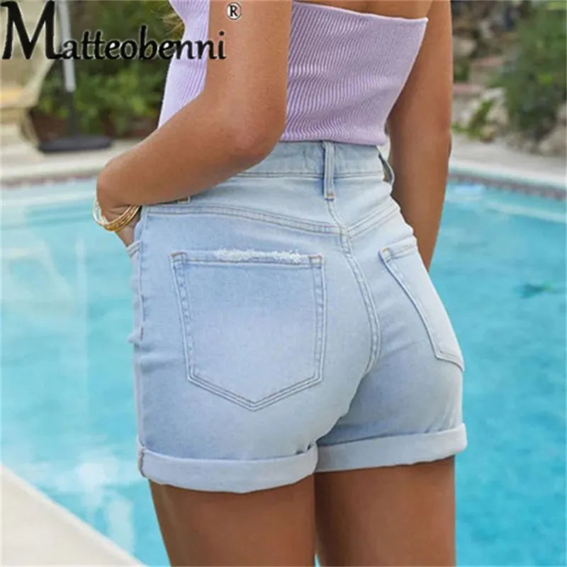 
                  
                    Summer Stretch Midriff Button Splice Denim Shorts Women Comfortable Casual Three Quarter Pants Female Fashion Ultra-short Jeans
                  
                