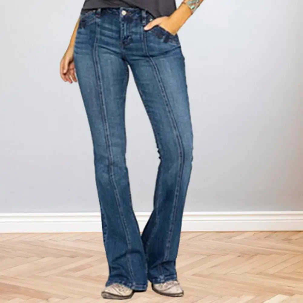 
                  
                    Women Cotton Blend Jeans Retro Washed Flared Hem Women's Jeans with Mid Waist Slim Fit Design for Full Length Trousers Solid
                  
                