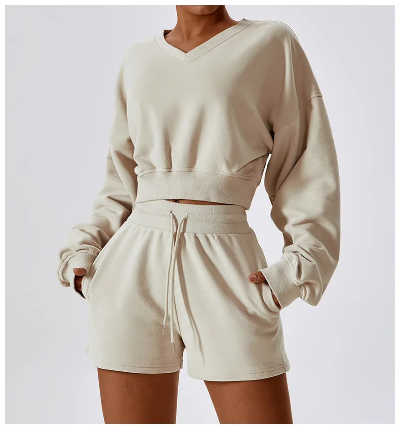 
                  
                    Cotton Oversized v Neck Hooded Sweatshirt Women Fall Two Piece Shorts Sets
                  
                