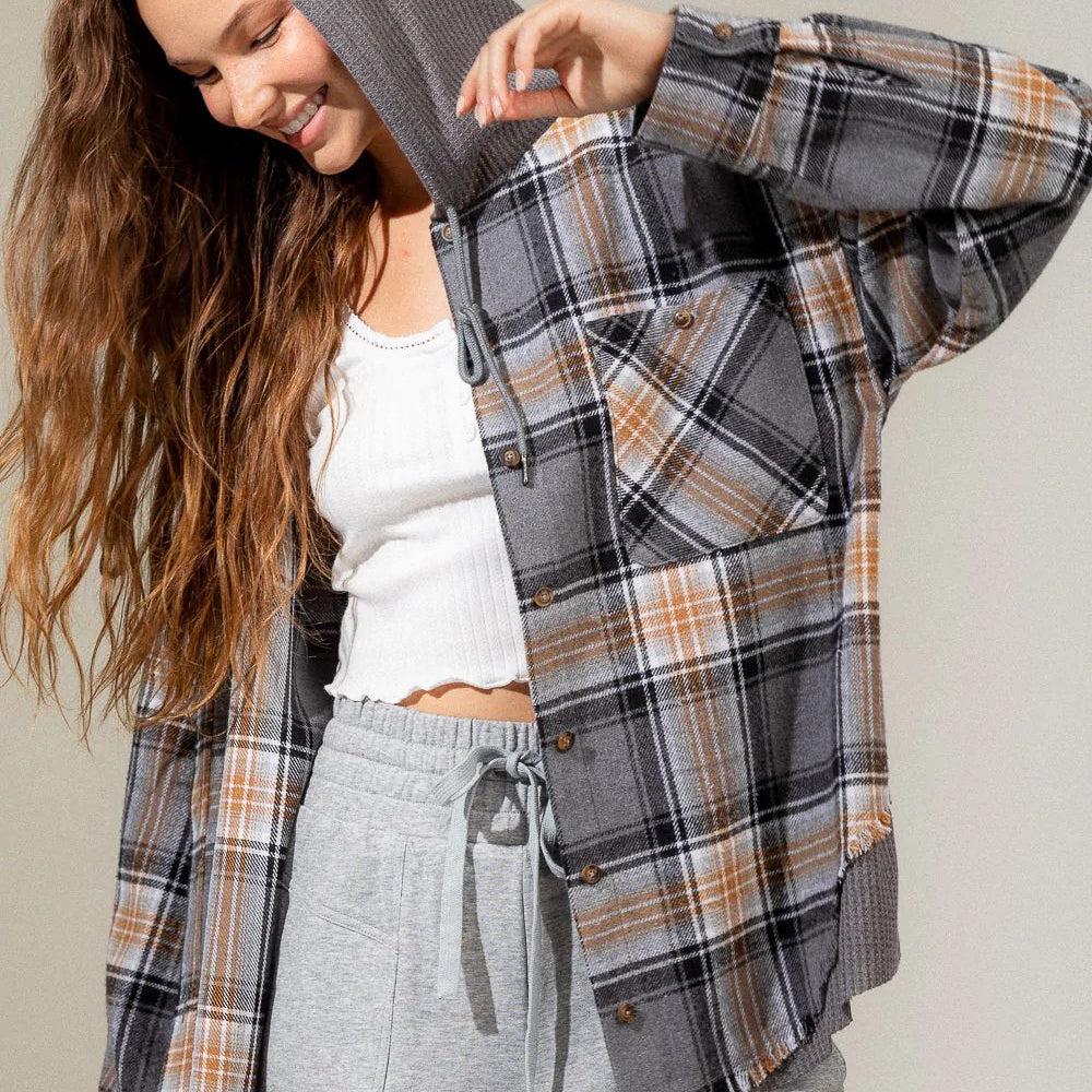 
                  
                    Winter Waffle Hooded Spliced Plaid Blouse Coat for Women
                  
                