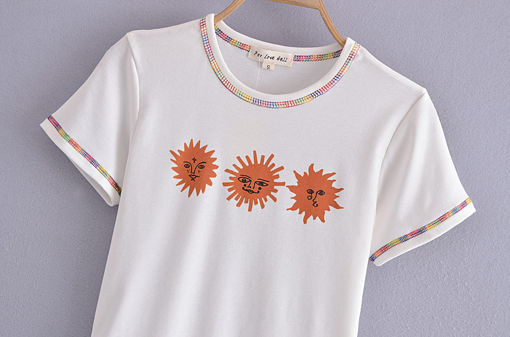 
                  
                    Cute Smiley Face Women Clothing Spring New Sun Color Piping Printed T-shirt Short Top Graphic
                  
                