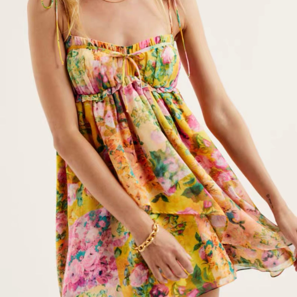 
                  
                    Early Spring Color Matching Floral Tie Neck Strap Dress Wooden Ear Dress
                  
                