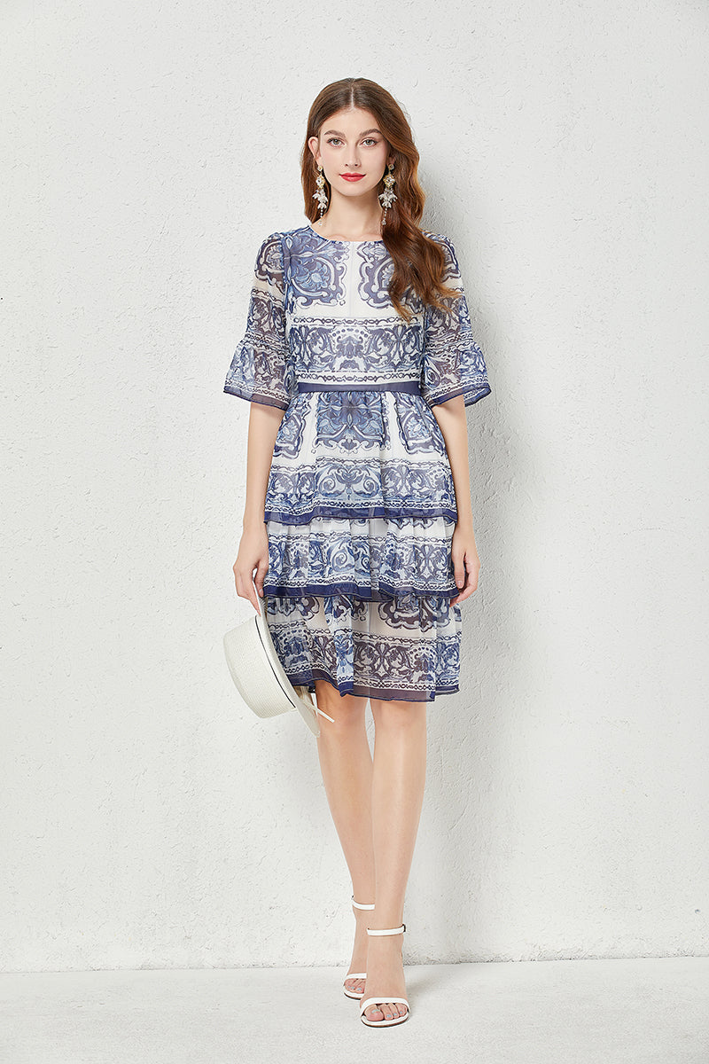 Women Summer High End Blue And White Porcelain Printed Horn Sleeve 3 Layer Cake Dress Silk Large Pendulum Dress