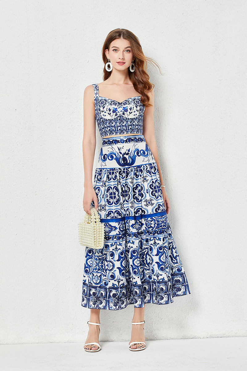 
                  
                    Women Summer Blue And White Porcelain Printing Stitching Three-Dimensional Strapless Skirt Two Piece Set With Chest Pad
                  
                