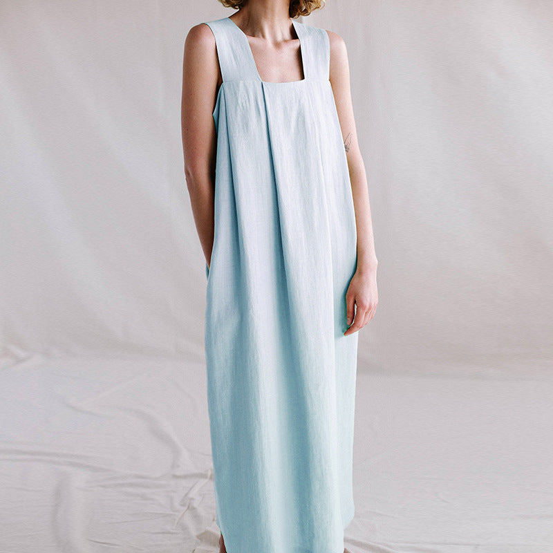 
                  
                    Ramie Sleeveless Maxi Dress Spring Summer French Design Loose Linen Cotton Linen Square Collar Cami Dress
                  
                