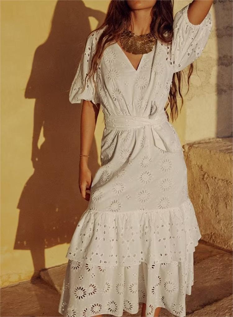 Spring Women Clothing French Sexy White Moonlight Hollow Out Cutout Design with Belt Embroidered Dress