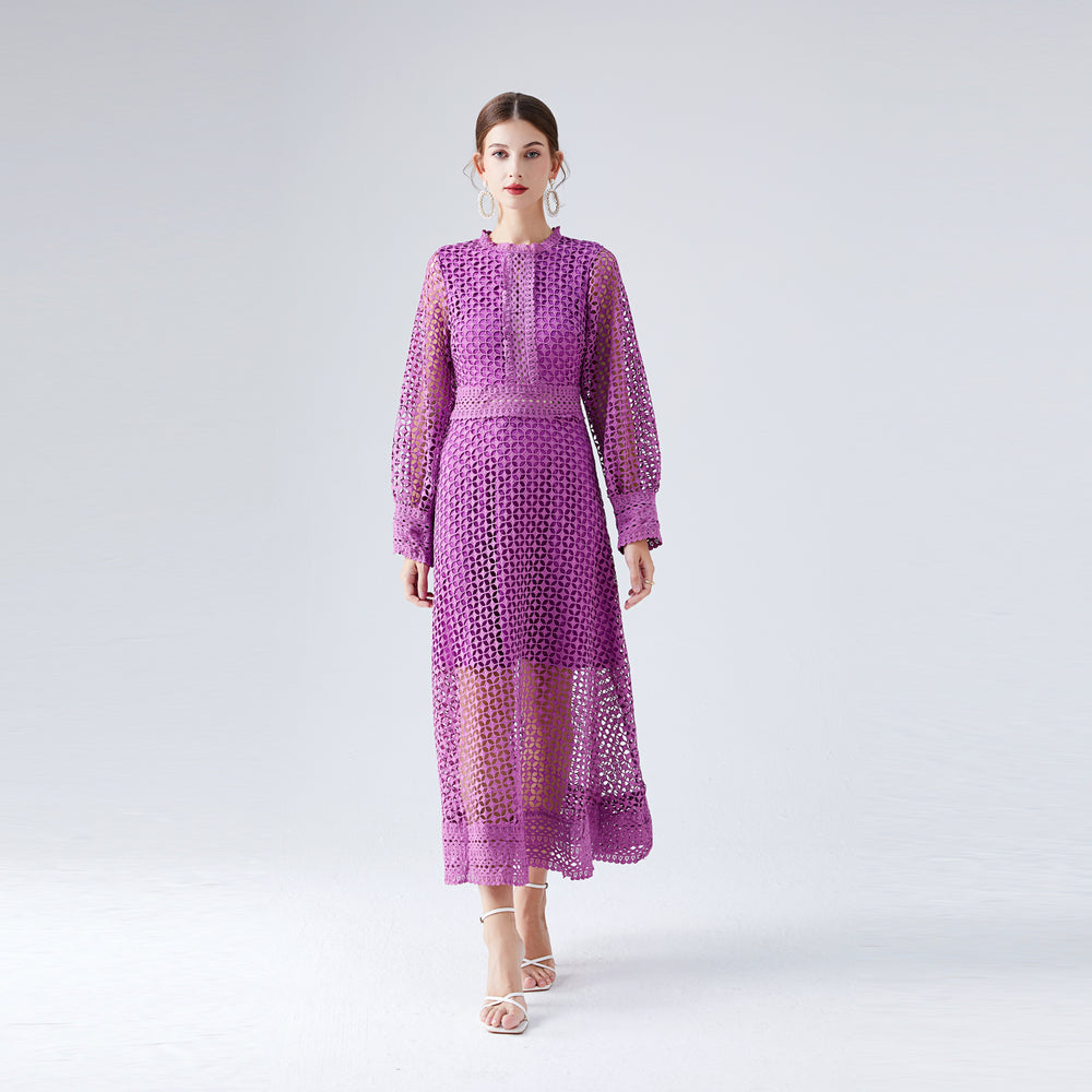 Autumn New Women Lace Hollow Lantern Sleeve Dress Women Long Dress Elegant Fashionable Dress