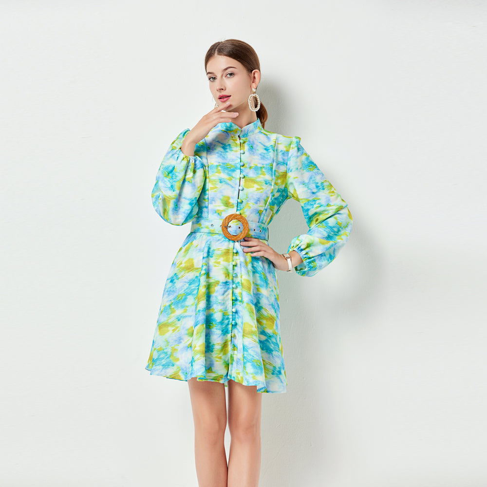 Women Spring and Summer New Green Printed Single breasted Dress with Vertical Collar Large Swing Pocket Holiday Dress A line Swing Dress