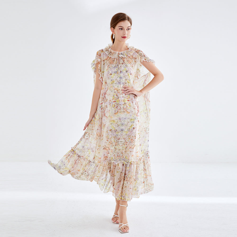 Women New Elegant Elegant Two Piece Fungus Lace Printed Dress Mid Length Dress Lace Up Dress