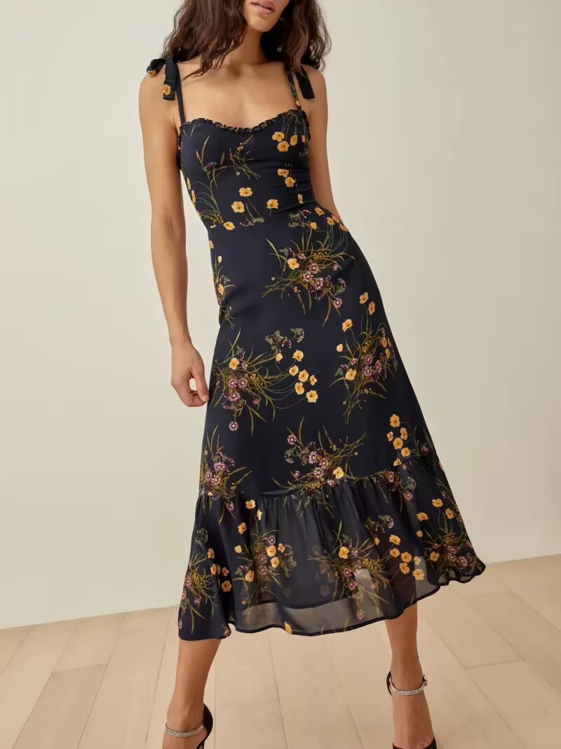 Black Camisole Floral Dress Temperamental Fairy Sweet French Midi Dress