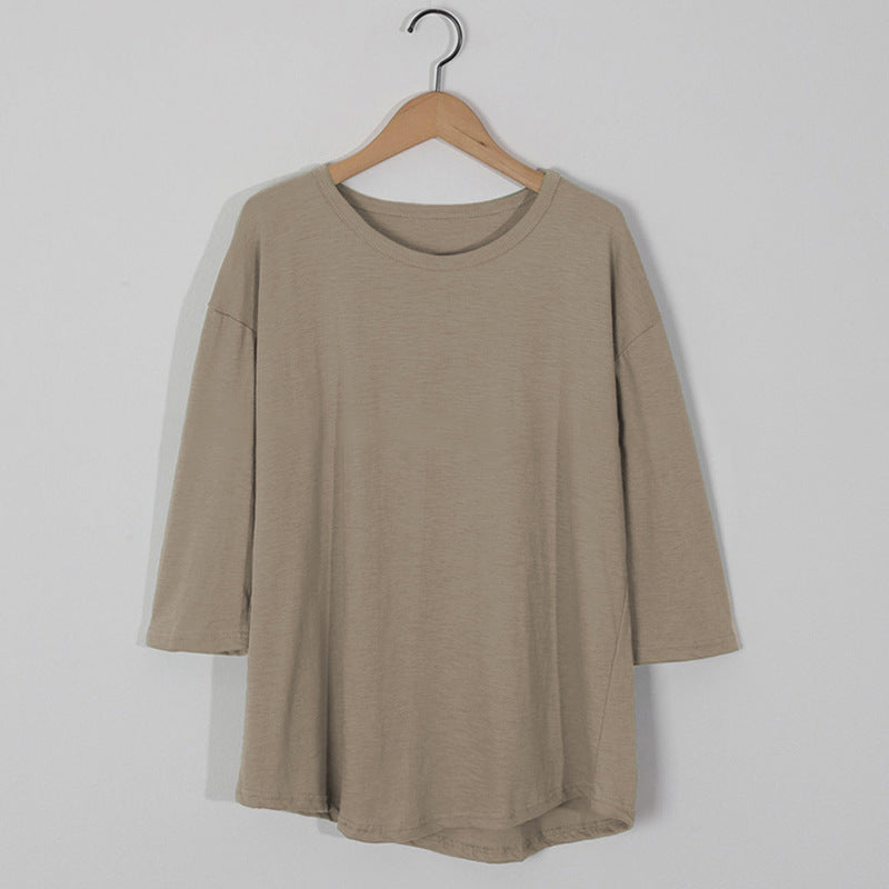 
                  
                    Simple Basic Three Quarter Length Sleeved T shirt Autumn Round Neck Imitation Linen Pure Cotton Comfortable Casual Top
                  
                