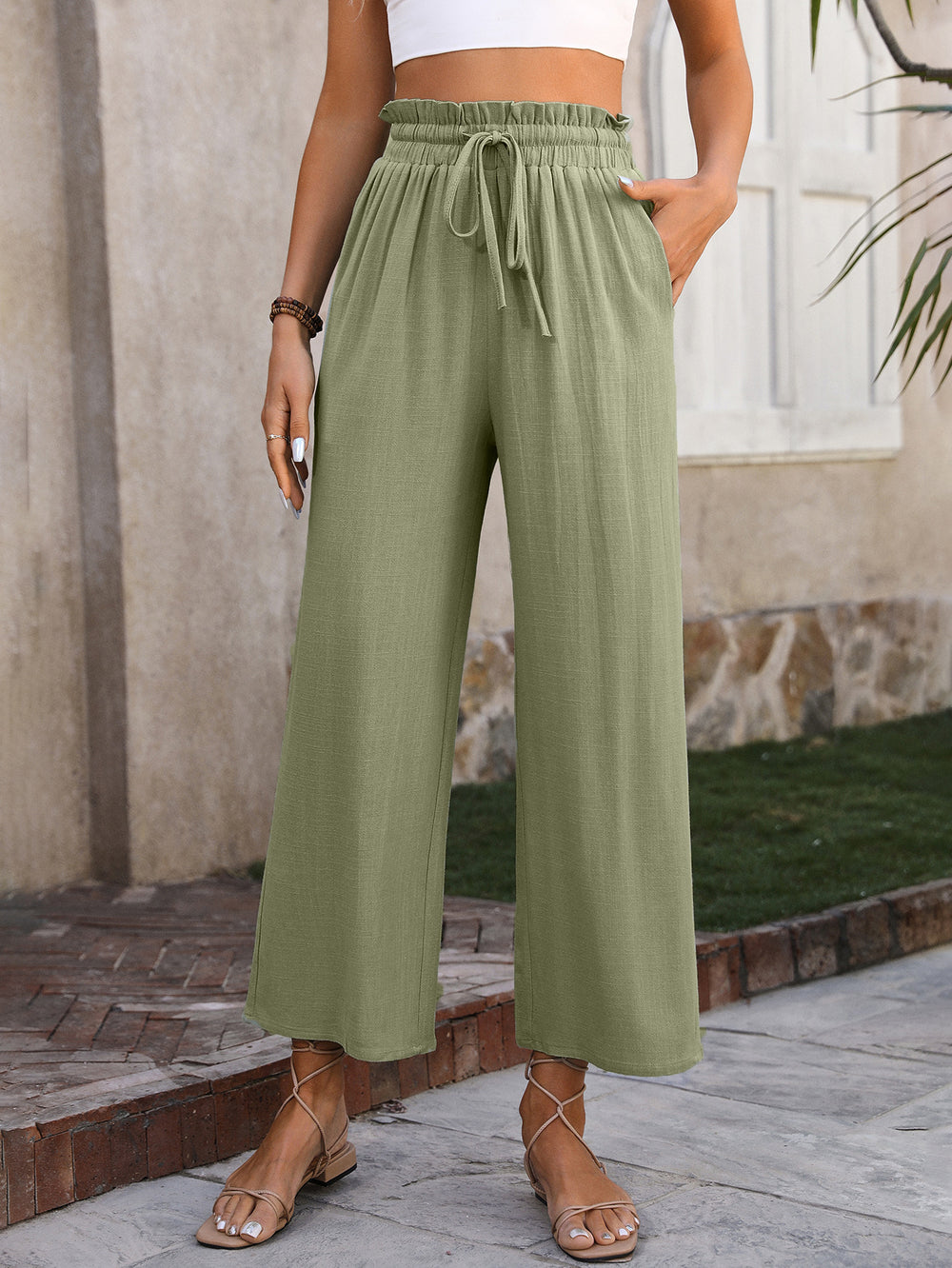 Women Clothing Spring Summer Casual Solid Color Loose Cotton Linen High Waist Wide Leg Trousers Women