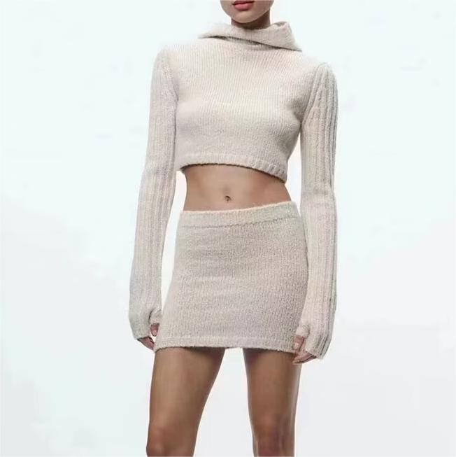 Hooded Short Sweater Knitwear Elastic Waist Mini Skirt Set