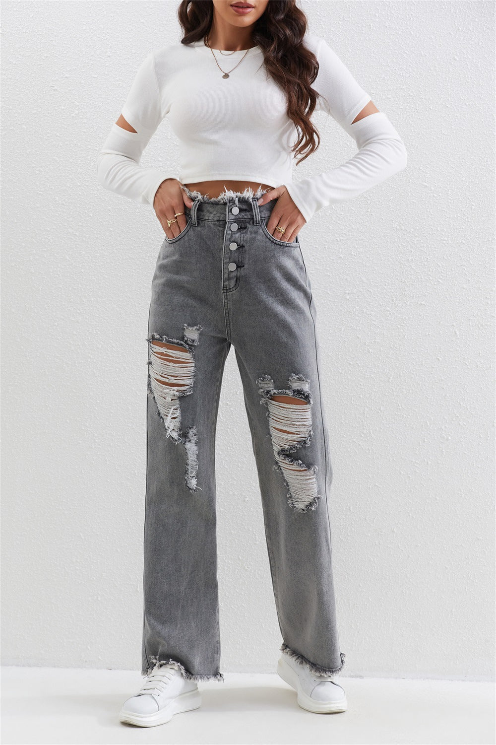 Women Clothing Gray Washed Ripped Straight Jeans Womenjeans