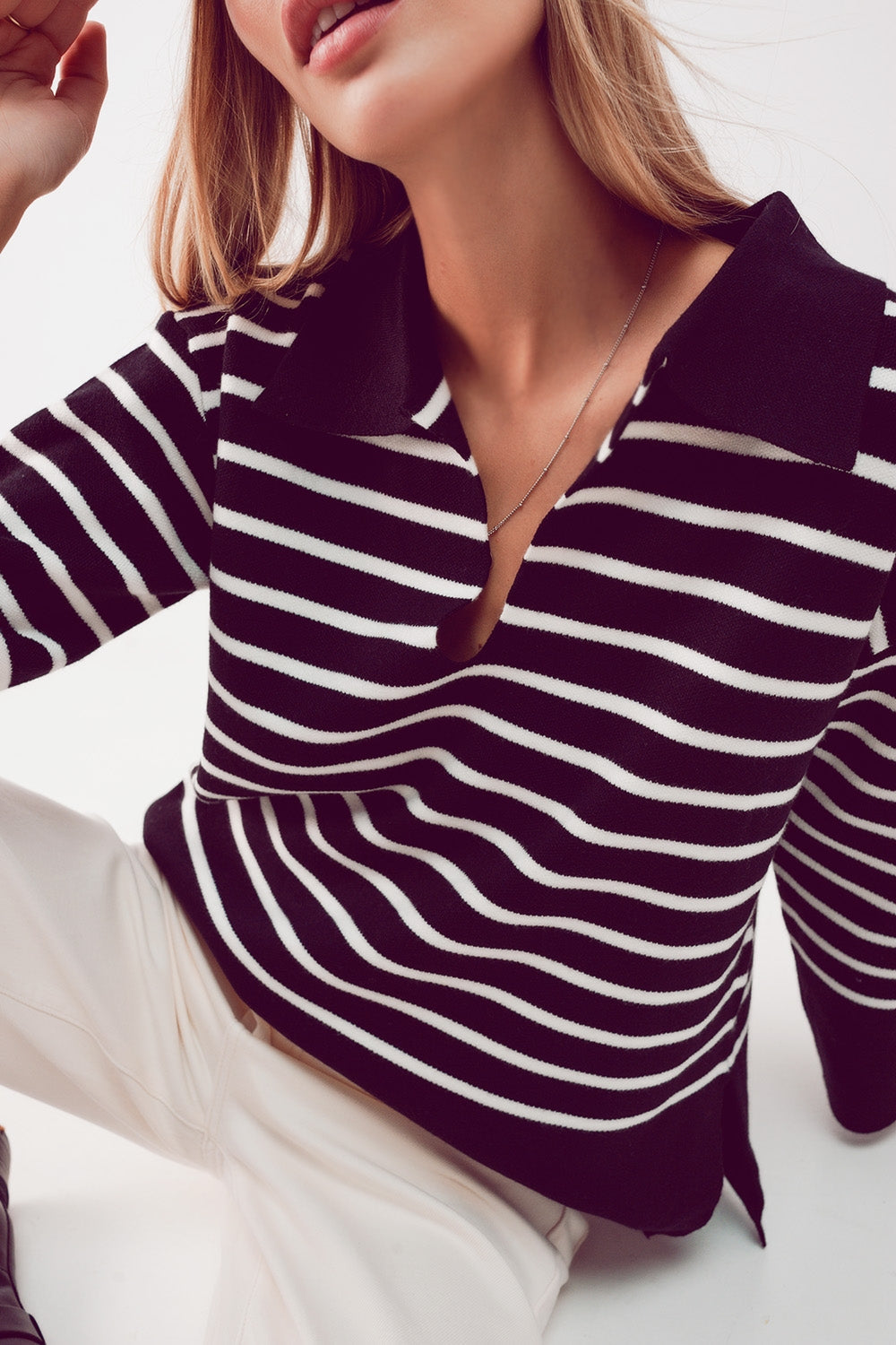 Polo Neck Sweater in Black Stripe