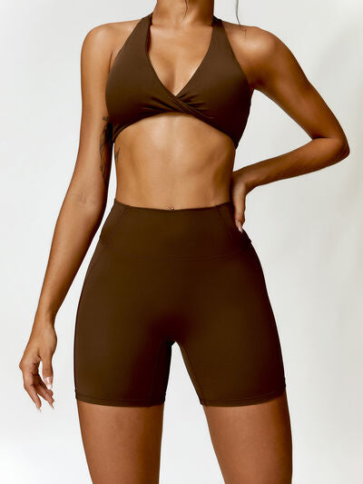 
                  
                    Twisted Halter Neck Bra and Shorts Active Set
                  
                