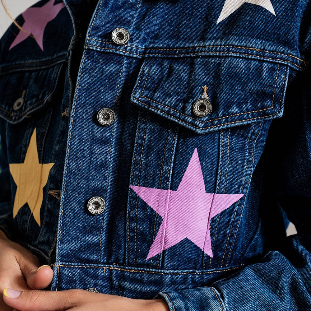 
                  
                    Crop Denim Jacket With Multicolored Stars
                  
                