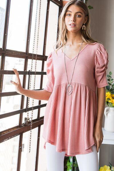 
                  
                    Heimish Full Size Waffle Knit V-Neck Babydoll Top
                  
                