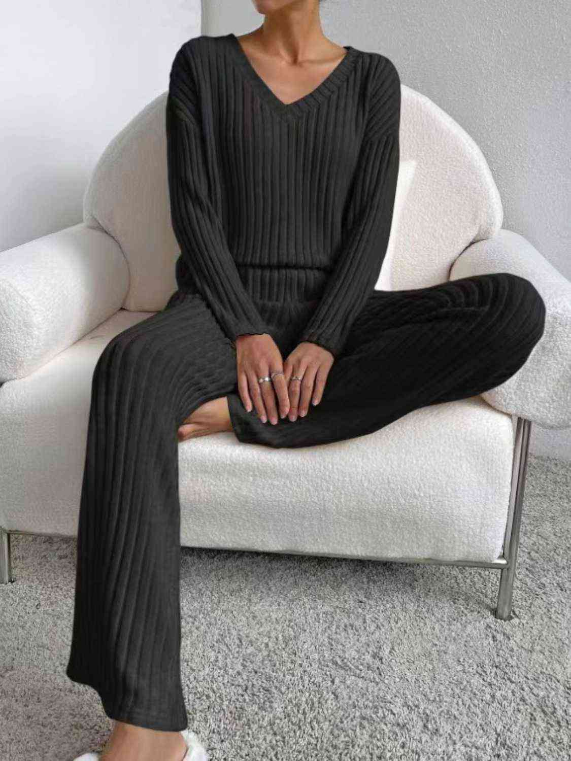 
                  
                    Ribbed V-Neck Long Sleeve Top and Pants Set
                  
                