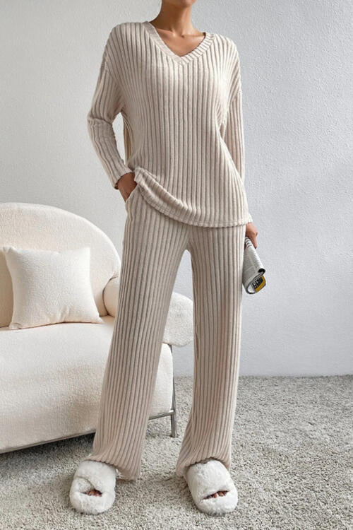 
                  
                    Ribbed V-Neck Top and Pants Set
                  
                