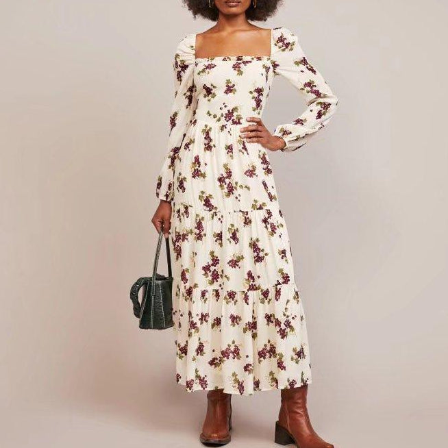 Spring Women Square Collar Printed Long Sleeve Dress Maxi Dress