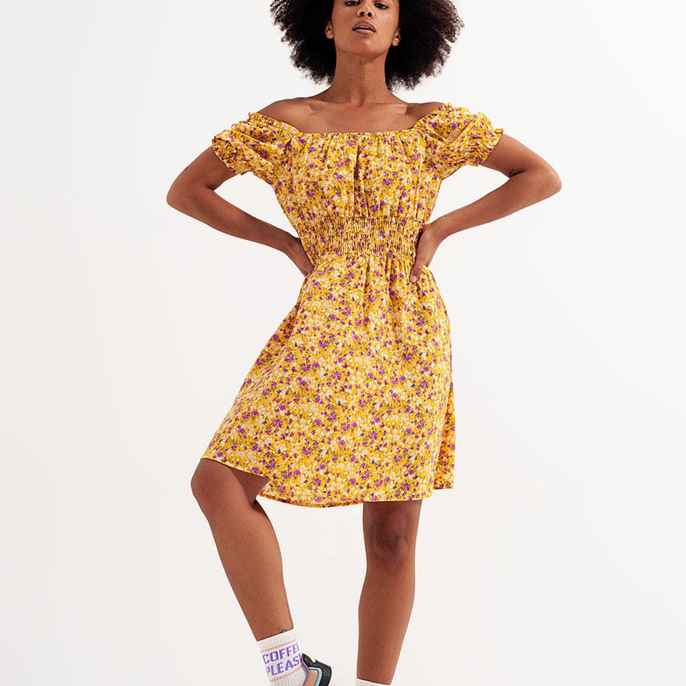 
                  
                    Mini Dress With Shirred Detail in Yellow Ditsy Floral Print
                  
                