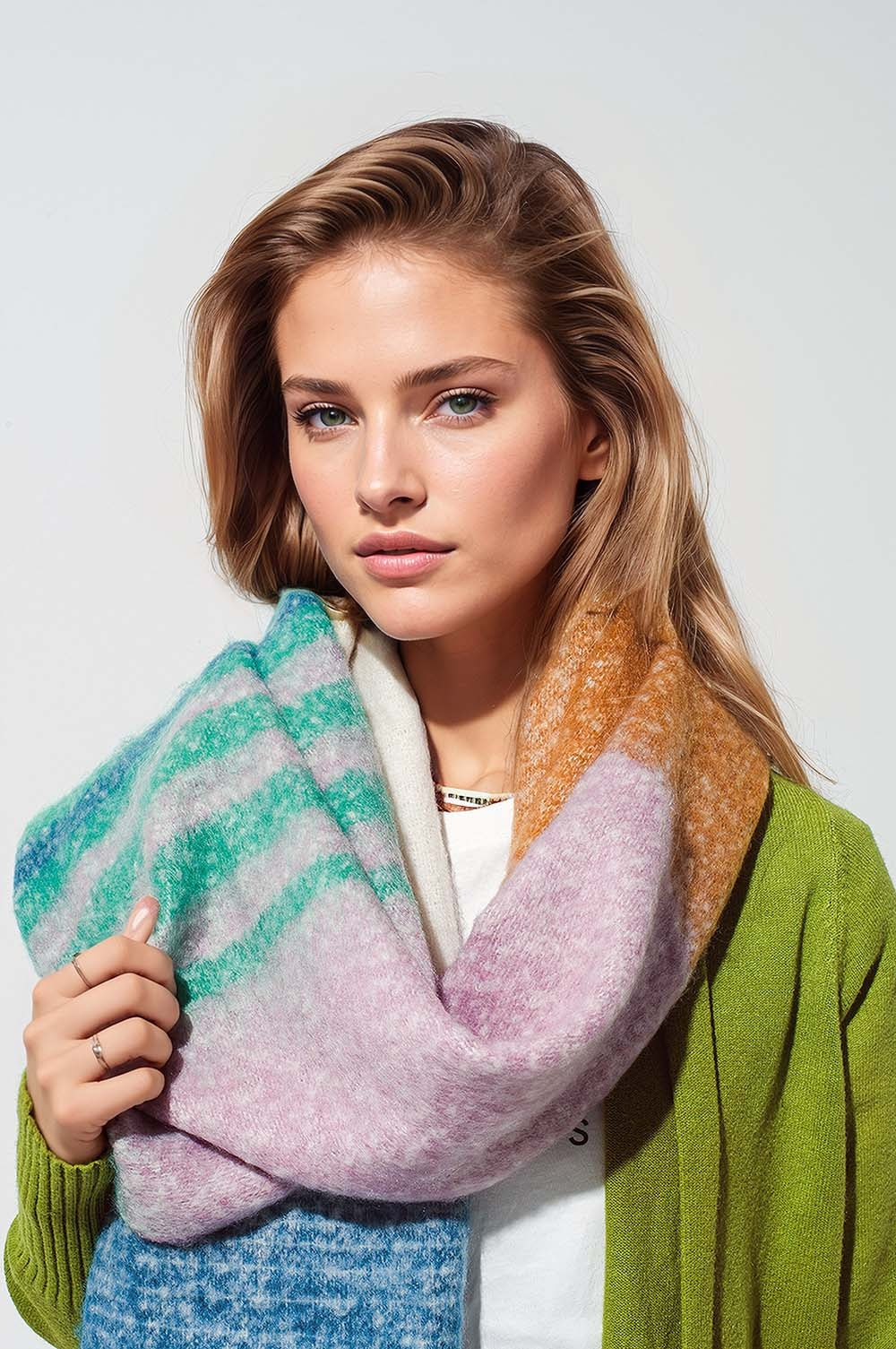 Multi Colored Chunky Knit Scarf in Multicolor Stripes Green and Blue