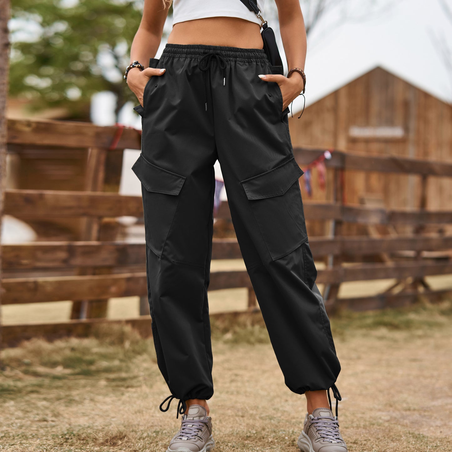 
                  
                    Street Loose Lace up Drawstring Elastic Waist Overalls Ankle Tied Trousers Casual Pants
                  
                