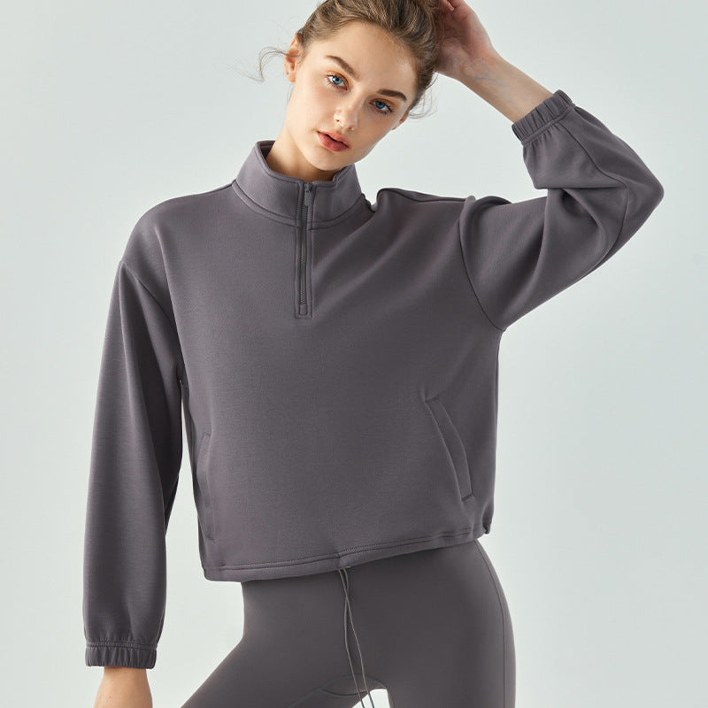 
                  
                    Solid Color Sports Sweater Women Casual Short Pullover Half Zipped Stand Collar Yoga Workout Clothes Long Sleeve Top
                  
                