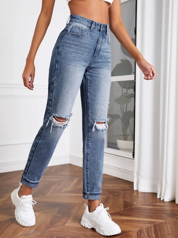 
                  
                    Women Jeans Washed High Waist Ripped Elegant Jeans Trousers Women Popular
                  
                