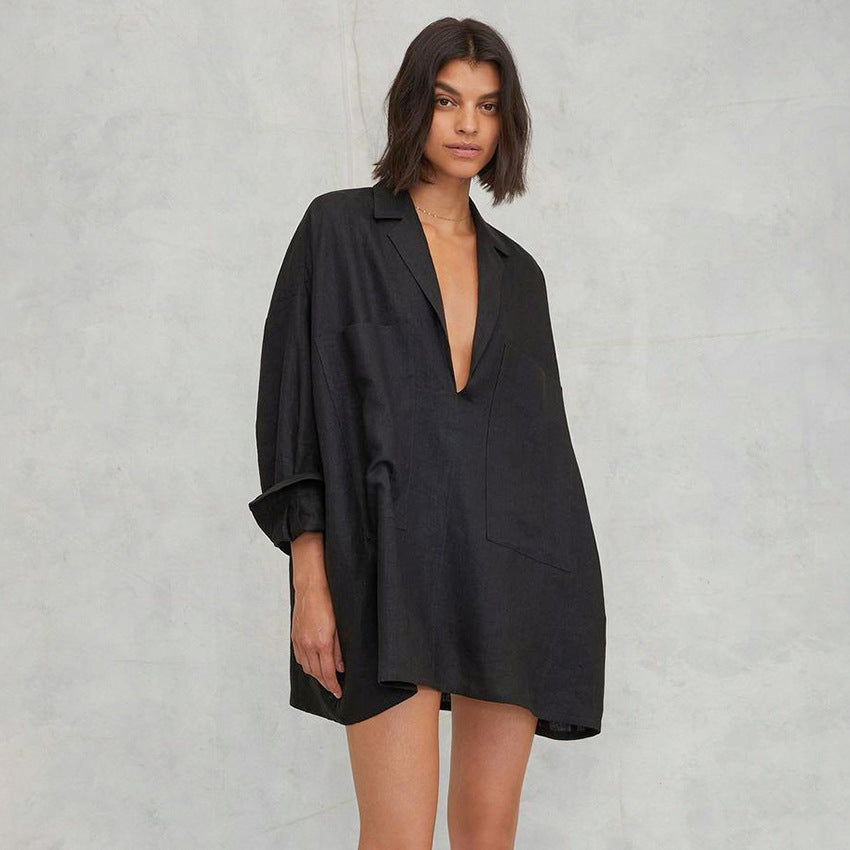 
                  
                    Autumn Sexy Deep V Plunge Nightdress Pure Cotton Black Loose Casual Short Pocket Women Home Wear
                  
                