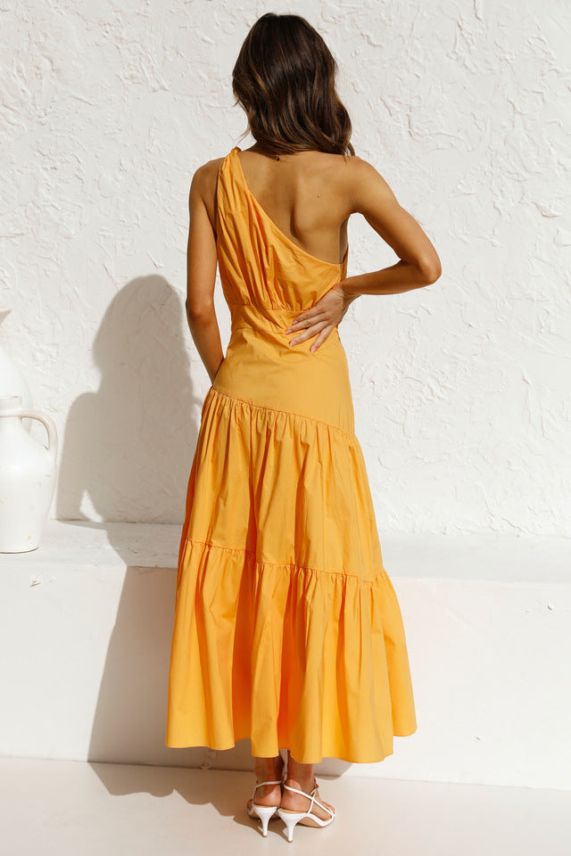 
                  
                    Spring Summer One-Shoulder Knotted Solid Color Fresh Long Sweet Dress
                  
                