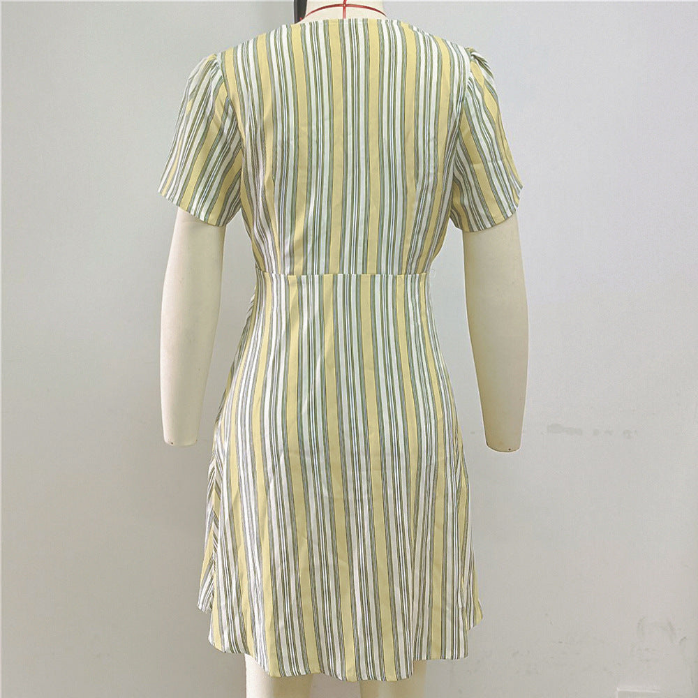 
                  
                    Summer Lemon Yellow Striped Sexy Women Dress V-neck Vitality Sweet Short Sleeve Dress
                  
                