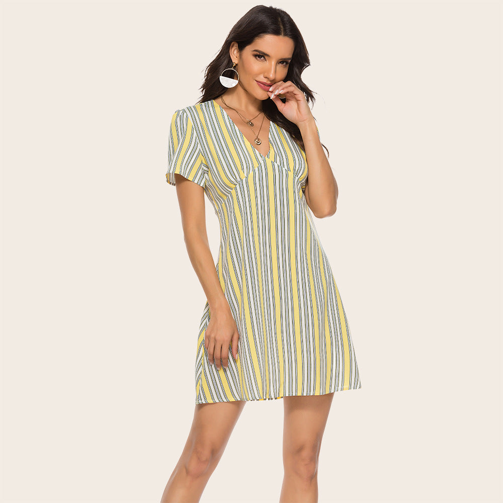 
                  
                    Summer Lemon Yellow Striped Sexy Women Dress V-neck Vitality Sweet Short Sleeve Dress
                  
                