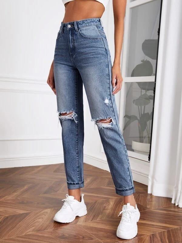 
                  
                    Women Jeans Washed High Waist Ripped Elegant Jeans Trousers Women Popular
                  
                