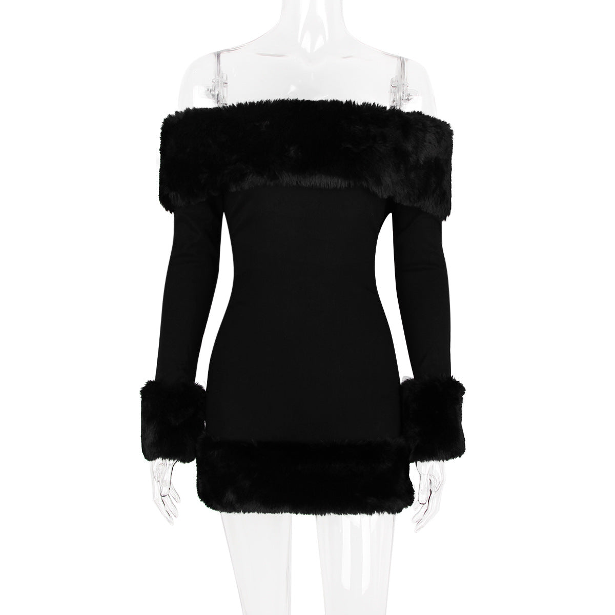 
                  
                    Black Plush Long Sleeve off Shoulder Dress Autumn Winter Women Fur Backless Sexy Hip
                  
                