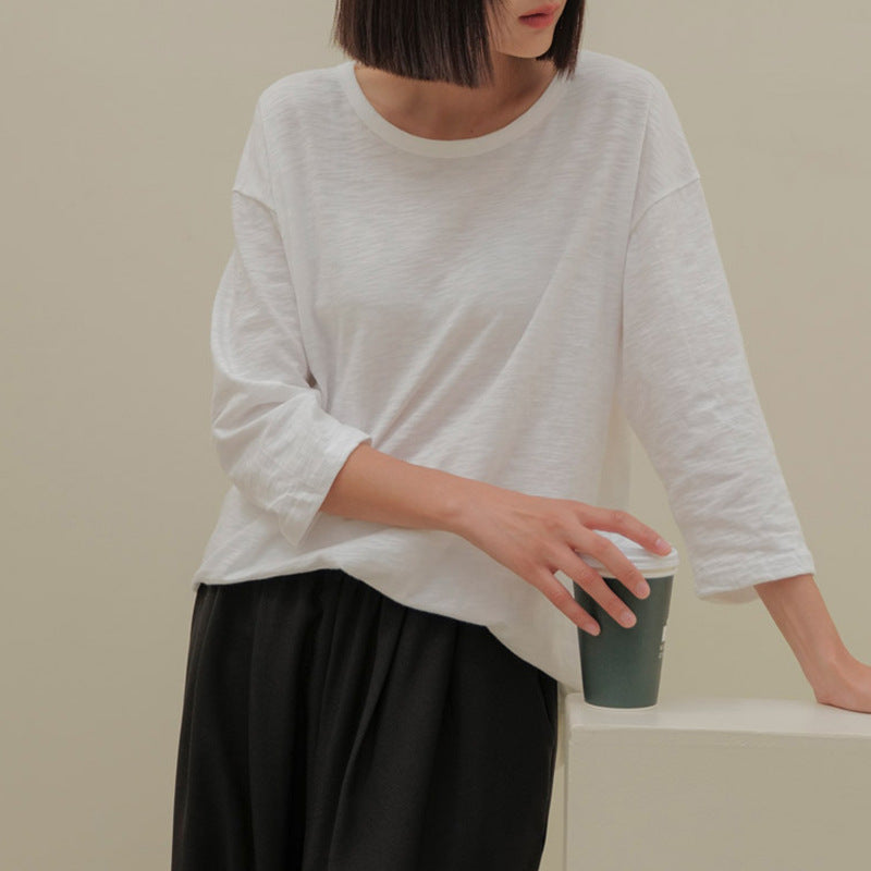 Simple Basic Three Quarter Length Sleeved T shirt Autumn Round Neck Imitation Linen Pure Cotton Comfortable Casual Top