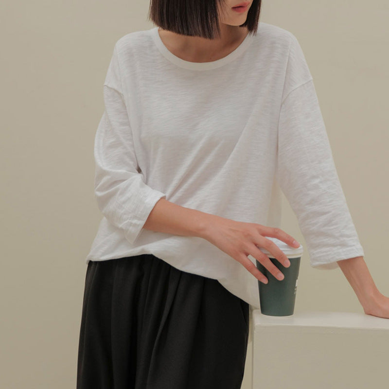 
                  
                    Simple Basic Three Quarter Length Sleeved T shirt Autumn Round Neck Imitation Linen Pure Cotton Comfortable Casual Top
                  
                