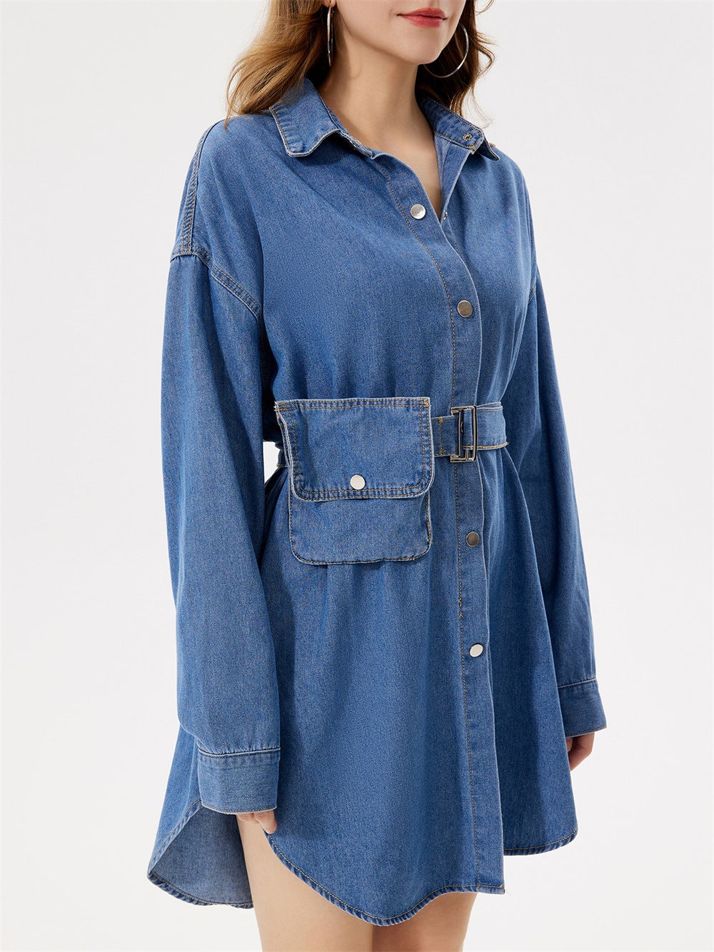 
                  
                    Women Wear Bag Design Waist Trimming Loose Denim Outerwear Shirt Women Blouse
                  
                