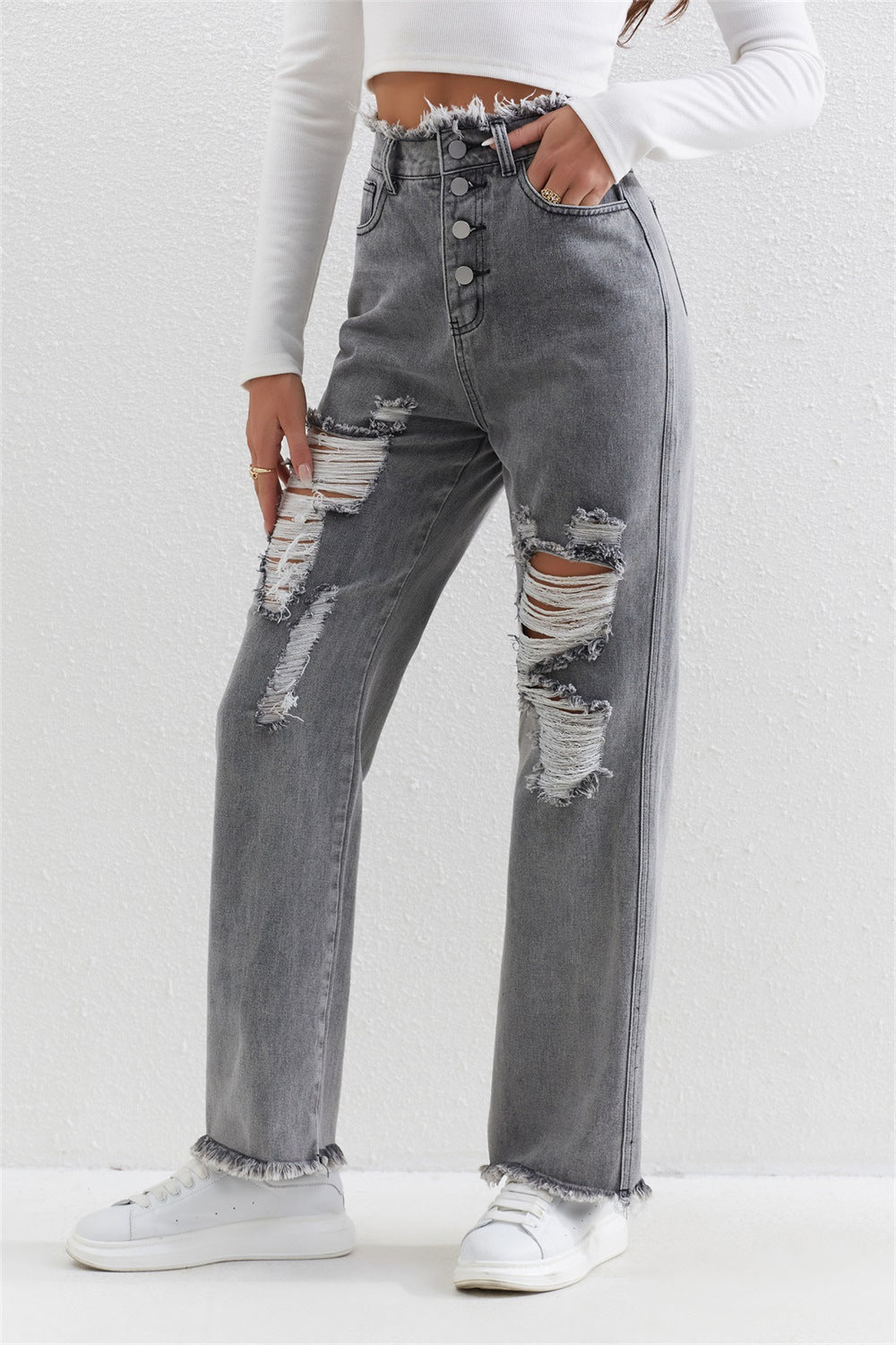 
                  
                    Women Clothing Gray Washed Ripped Straight Jeans Womenjeans
                  
                