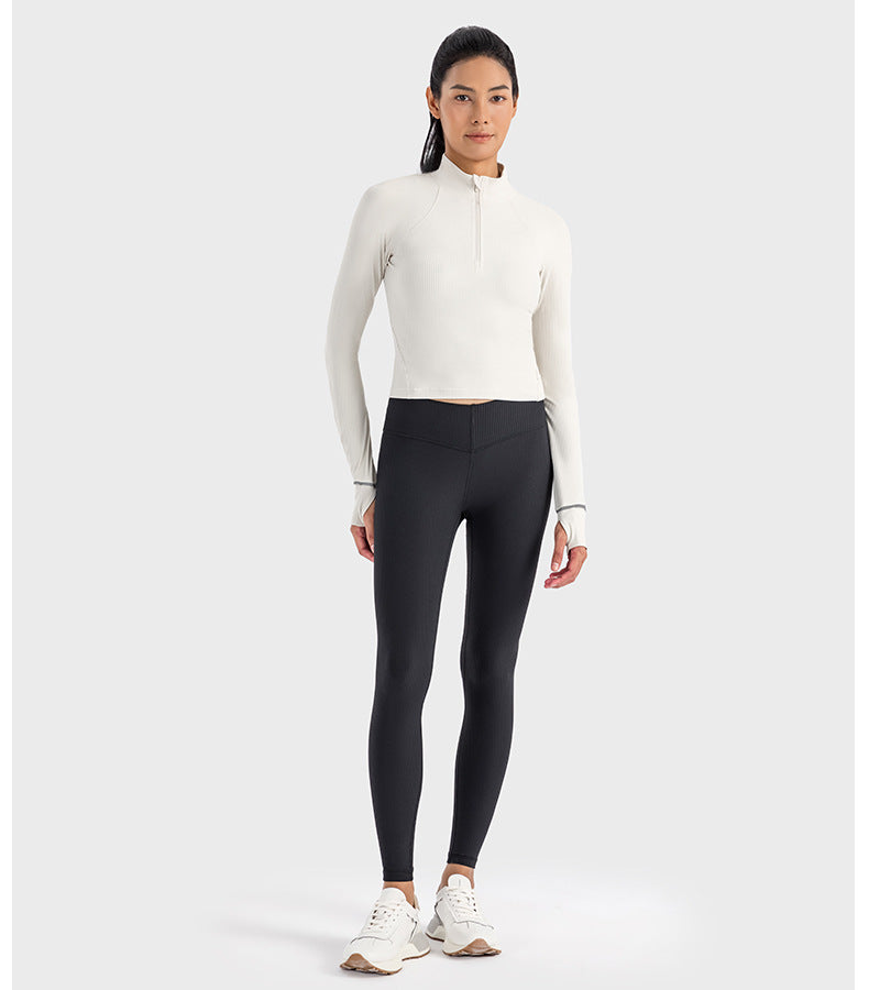 
                  
                    Vertical Stripe Rib Zero Sense High Elastic Reflective Stripe Sports Jacket Women Short Half Zipper Yoga Long Sleeve
                  
                