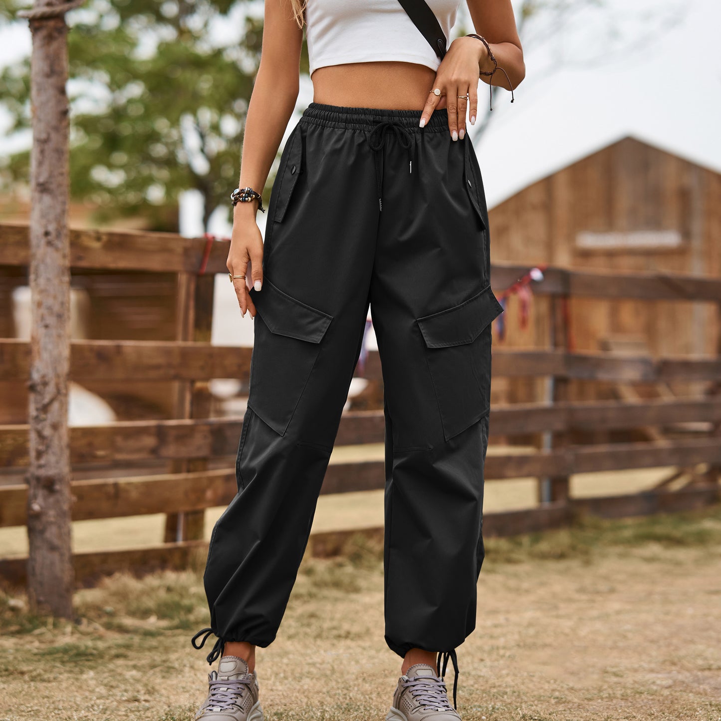 
                  
                    Street Loose Lace up Drawstring Elastic Waist Overalls Ankle Tied Trousers Casual Pants
                  
                