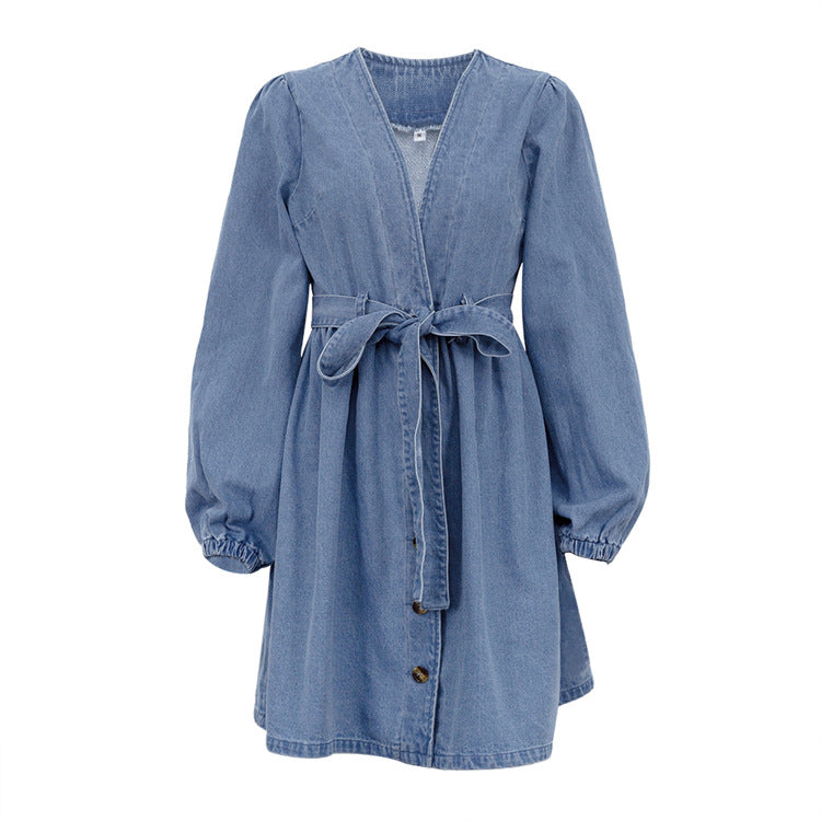 
                  
                    Women'Autumn Winter V neck Long Sleeved Denim Dress High Waist A line Dress
                  
                