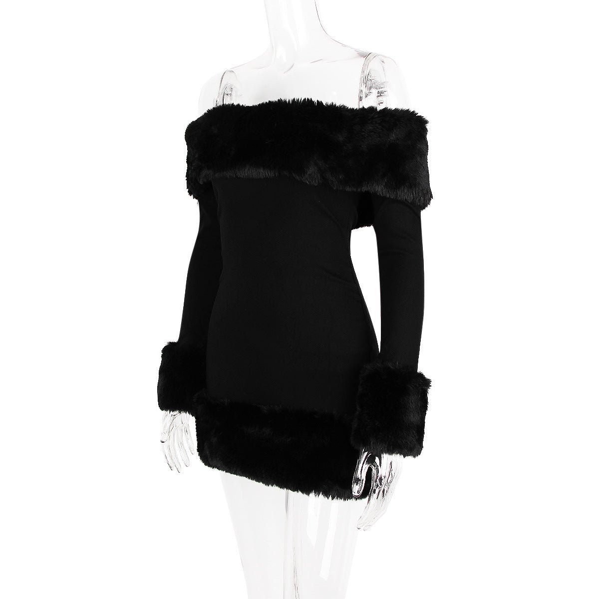 
                  
                    Black Plush Long Sleeve off Shoulder Dress Autumn Winter Women Fur Backless Sexy Hip
                  
                