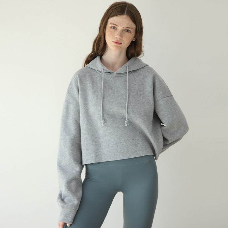 Sports Loose Cropped Hoodie Women Autumn Winter Fleece-lined Solid Color Minimalist Long Sleeve Top