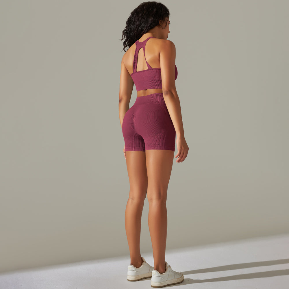 
                  
                    Knitted Seamless Peach Hip Raise Yoga Thread Shorts Sports Yoga Fitness Sports Back Shaping Bra Set
                  
                