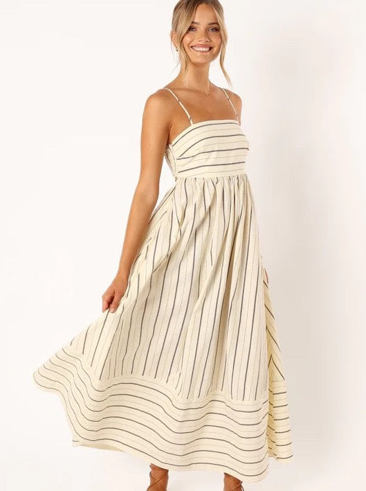 Women Striped Sleeveless Strap Backless Large Swing Casual Dress