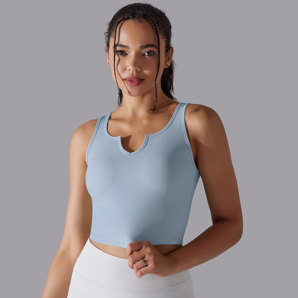
                  
                    Medium Tenacity Breathable Fixed Cup Sports Underwear Summer Thread Yoga Bra V neck Running Workout Vest
                  
                